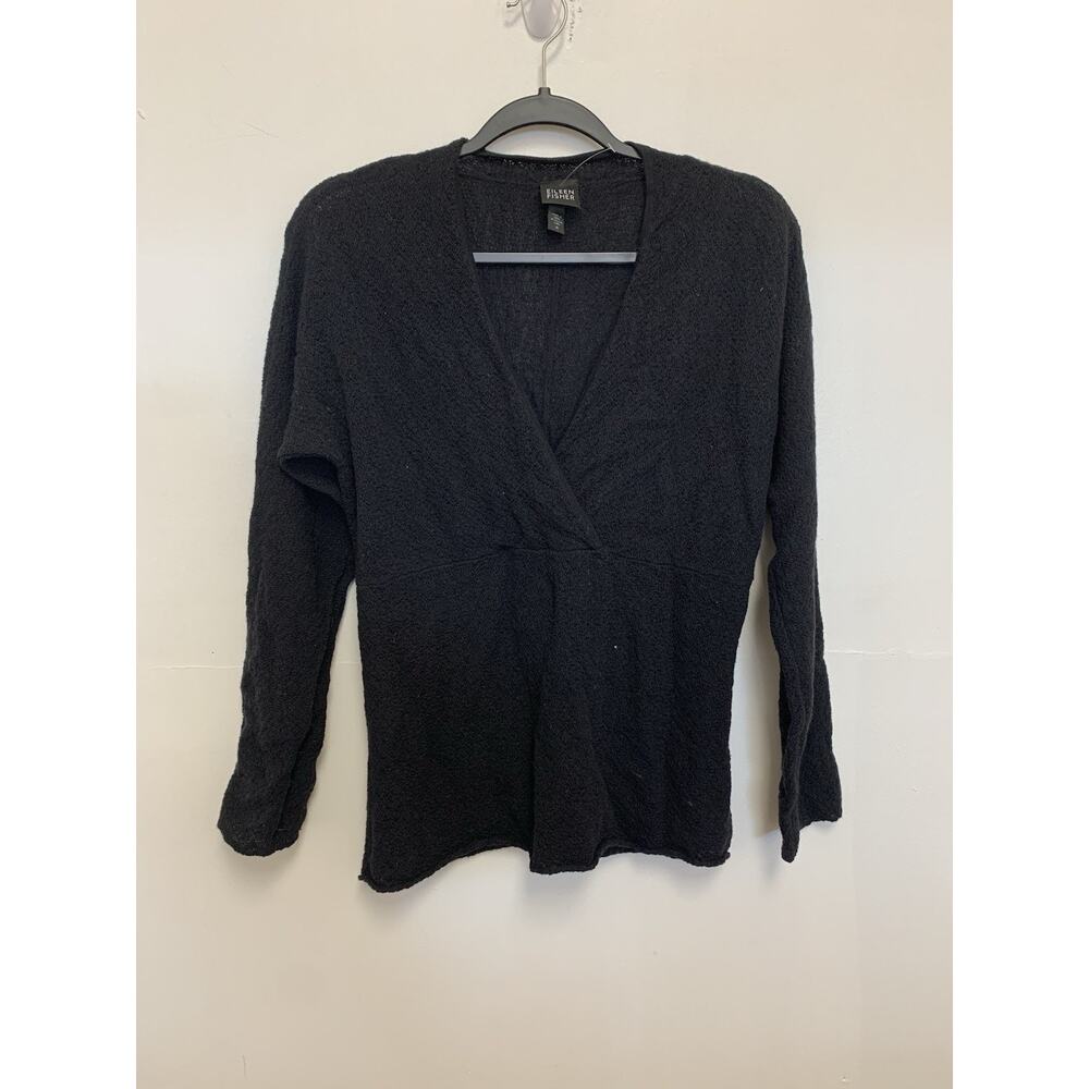 EILEEN FISHER Soft Wool Crochet Top Babydoll Style Black Sweater Top ~ M
